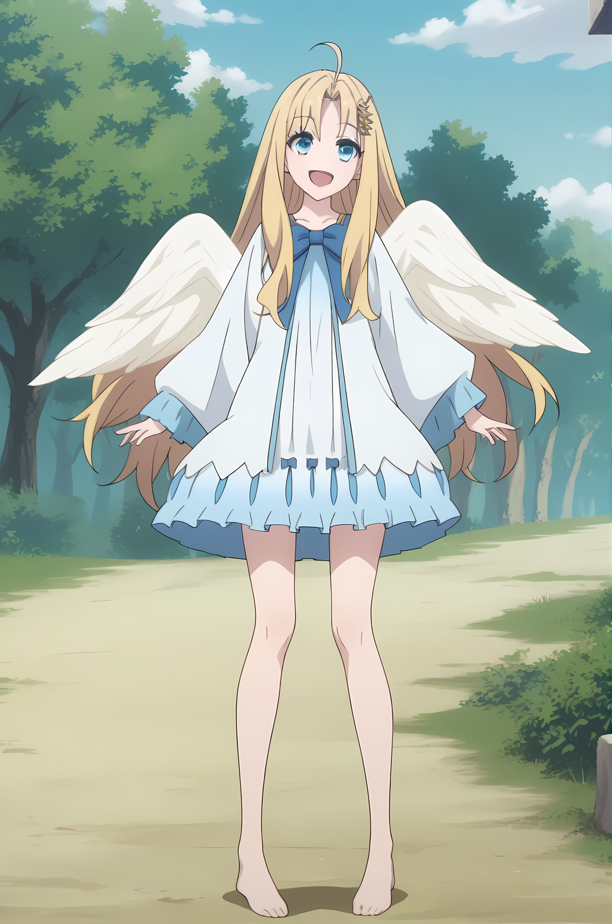 (white dress:1.40), sh-filo, white wings, long hair, parted bangs, ahoge, hair ornament, blue eyes, 1girl, solo, skinny, (score_9, score_8_up, score_8, score_7_up), score_7, score_6_up, score_6, source_anime,
(happy:1.20),
(night sky outdoors:1.20),
(full body:1.30),
(:1.30), <lora:sh-filo-V01-000004:1.00>, (small breasts), [bare legs, barefoot]