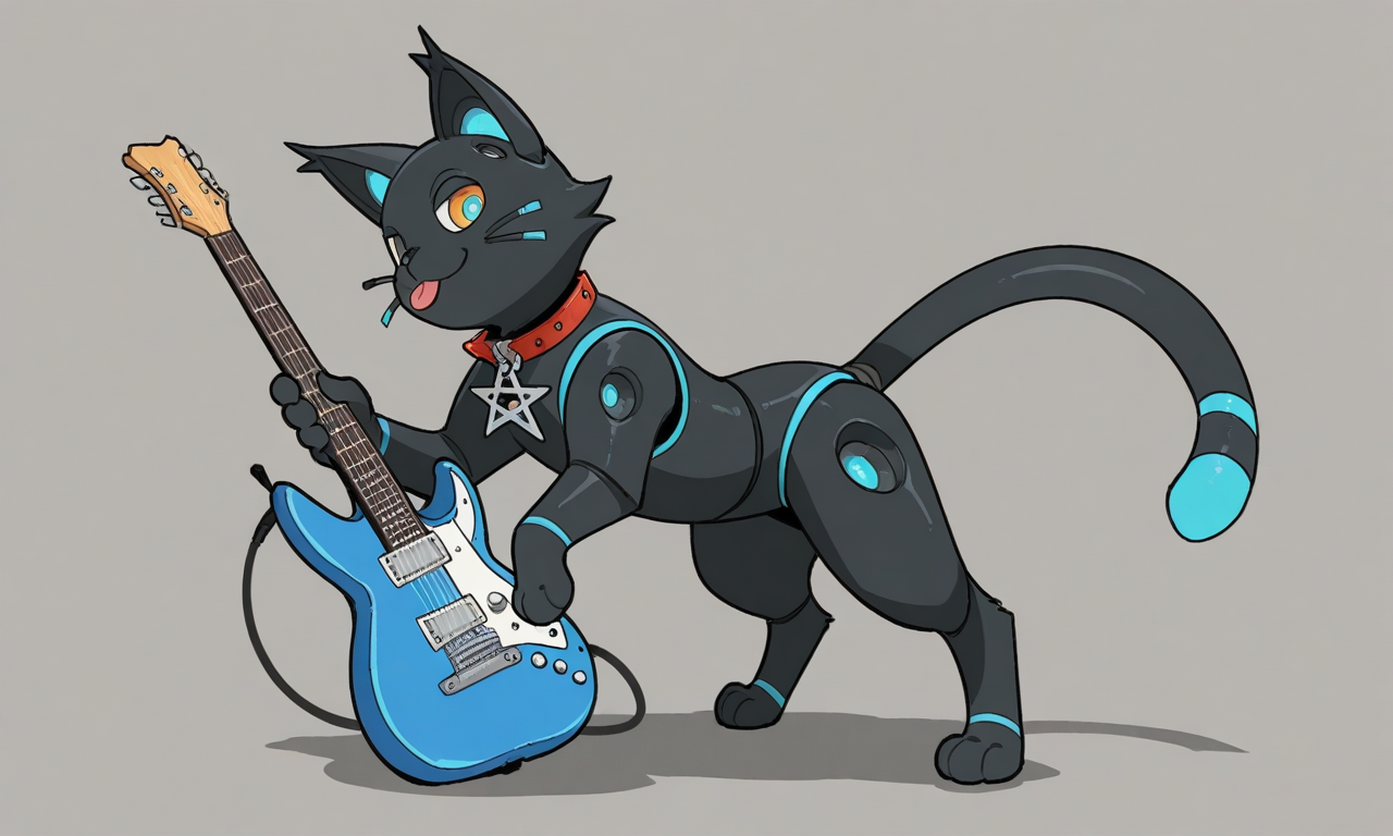 1ns0m14cOvrld, 
808, ((feral)), (((sfw))), solo, 
posing, rockstar pose, standing, confident, full body, electric guitar, smirk, cat, robot, collar, >;3, tongue out,808, cat, robot, collar