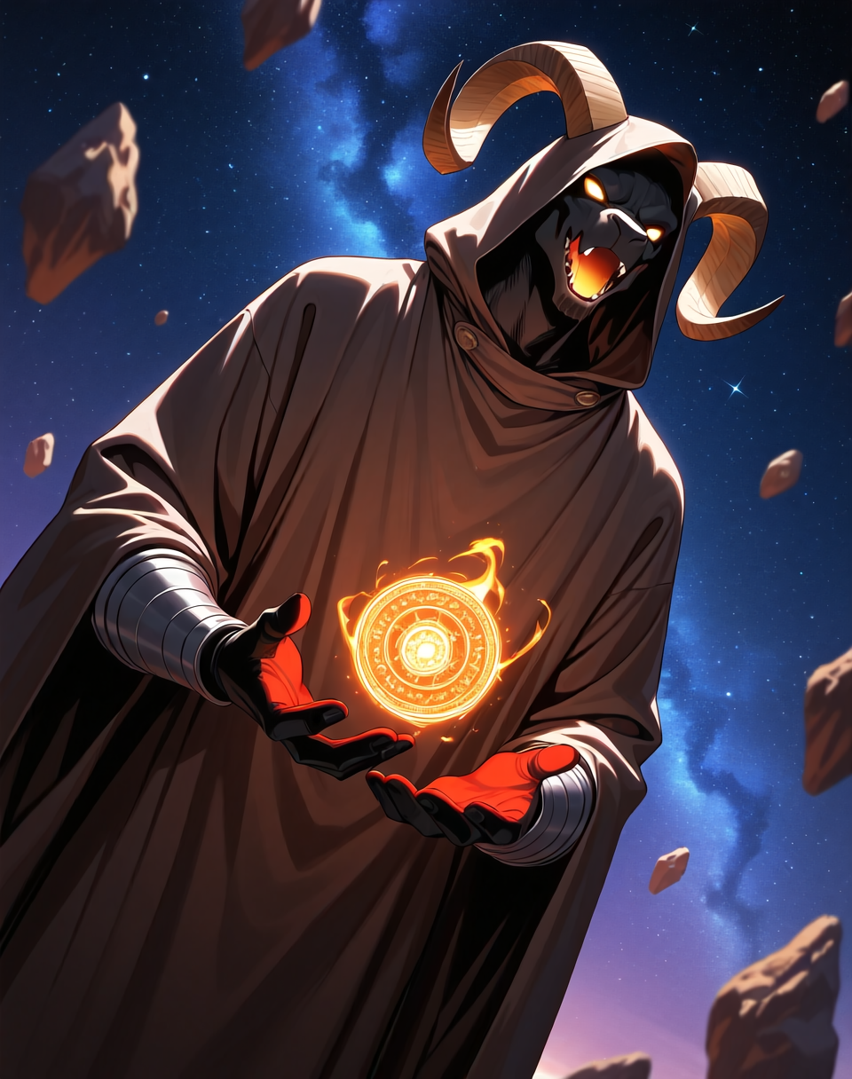 <lora:Moro_Hooded_Form_(Dragonball_Z)_(Illustrious)_(AD):1.35> Moro, hooded cloak, goat, 
((
dutch angle, exterior, outer space, floating rock islands, 
male focus, gradient coloring, solo, cowboy shot, soft shading, old, aged up, dark picture, tattered brown cloak, villain, large hood covering entire head and face, goat mouth, horn peak under hood, astral magic, astral energy, end boss, 
):1.5), 
BREAK very awe, aesthetically pleasing, masterpiece, best quality, amazing quality, very aesthetic, perfect depth of field shot, in'ei, furry_art, source_furry, source_anime,
EZRealPONYXL, zPDXL, Smooth Quality, lazympos, IllustQualXL_Pos,