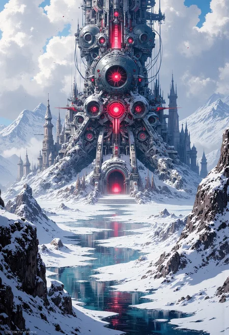 mythp0rt, ArsMJStyle, impressionism, morph of scifi and medieval smooth and sharp, ultra realistic ominous and dark, deep shadows , castle in the snowy wasteland, frozen river nearby, huge snowy mountaintops, view down from the huge height, huge core-like generator spherical radiates red energy, pale white skies clear, slight mist over the scene, wires and pipes coming out of the core structure, black moon, frozen lake, mountains are square shaped and abstract, snow desolate space, snowflakes close to the camera, white lines in the sky, scene is white blue with touches of dark black, desolate, intricate and detailed,