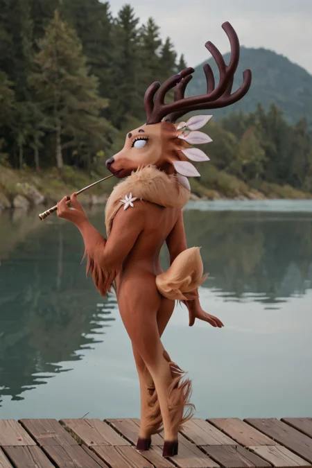 cinematic photo solo,gwen, ((semi-anthro:1.7)), deer, furry, antlers,<lora:Gwen:1>,1girl,deer tail,female,white eyes, ((eyelashes:1.7)),cute,((realistic fur:1.7)),standing,lake,looking at viewer,slender,smiling,nude,((tall:1.7)),((from behind:1.7)),smoking pipe,full-body . 35mm photograph, film, bokeh, professional, 4k, highly detailed