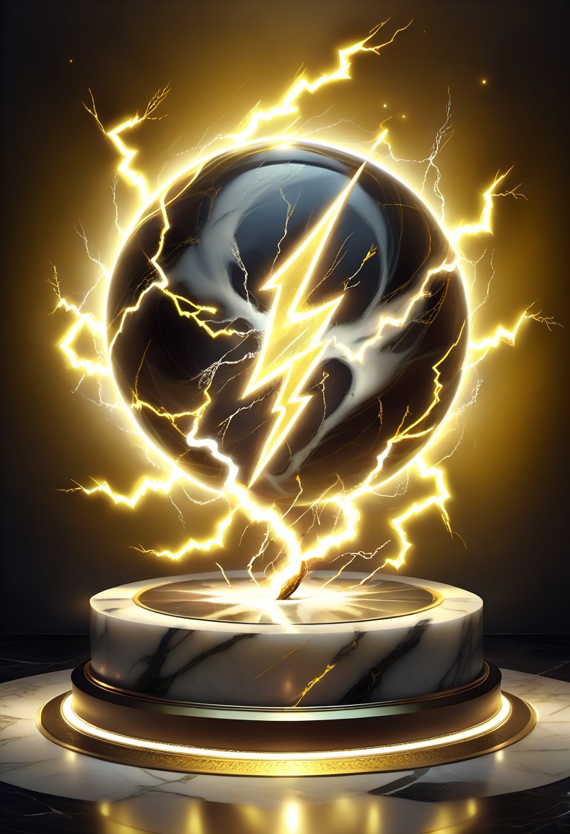 glowinglora, masterpiece, best quality, detailed illustration, (brighten the front:1.0), a large beautiful transparent marble, (yellow lightning symbol:1.4) inside the marble, glowing with power
