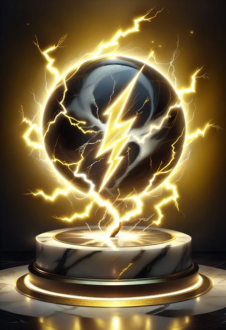 glowinglora, masterpiece, best quality, detailed illustration, (brighten the front:1.0), a large beautiful transparent marble, (yellow lightning symbol:1.4) inside the marble, glowing with power