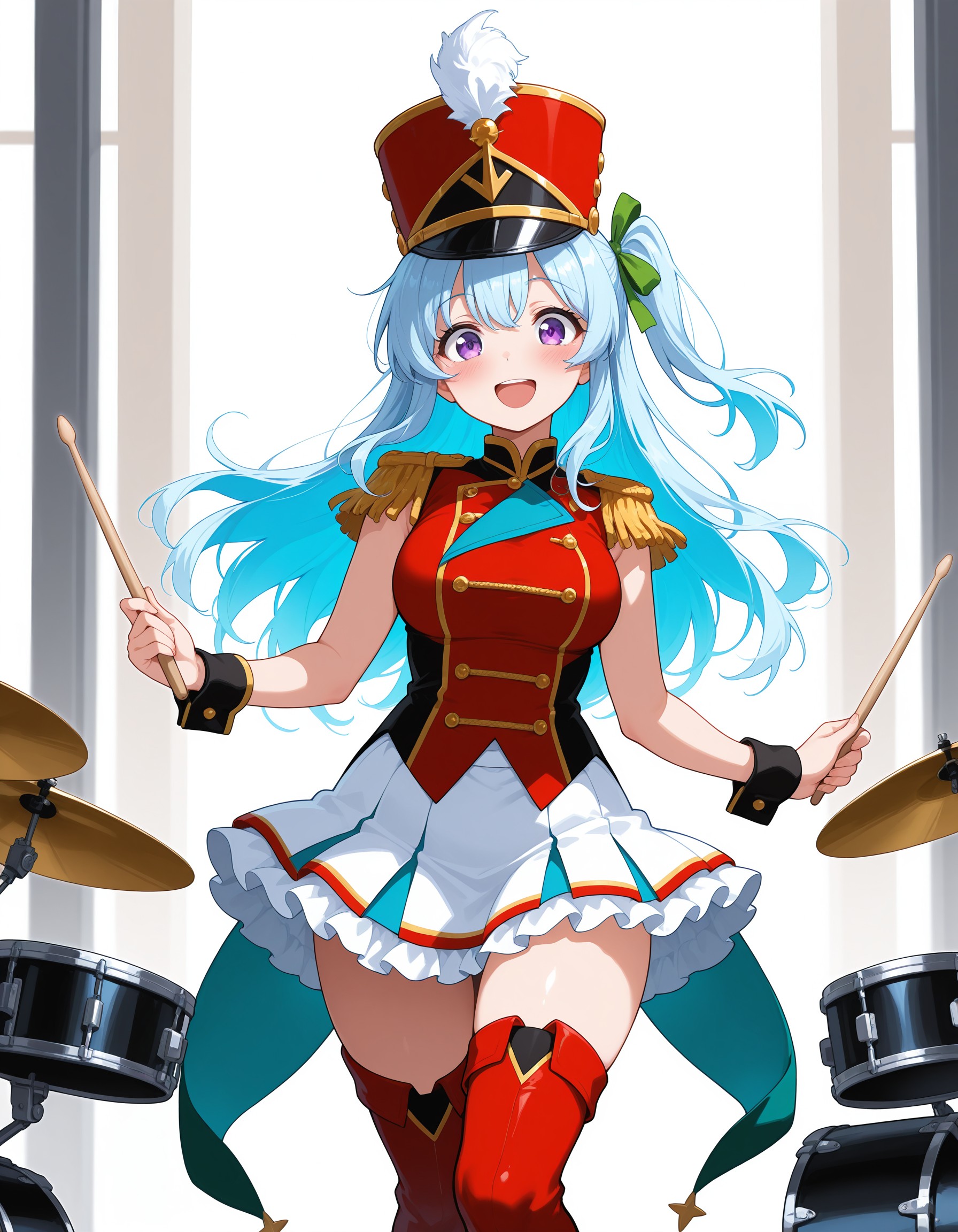 masterpiece,best quality,amazing quality,absurdres, light blue hair, purple eyes, long hair, kanonfuee, shako cap, skirt, blue hair, open mouth, one side up, wrist cuffs, hat, holding, white skirt,  thighhighs, looking at viewer, green ribbon, frilled skirt, hair ribbon, boots, ribbon, thigh boots, band uniform, drumsticks, epaulettes, frills, bangs, smile, blush, cosplay, :d, red footwear, <lora:9a62d4f8-1798-4e51-b906-c8abdeb43115:0.7>
