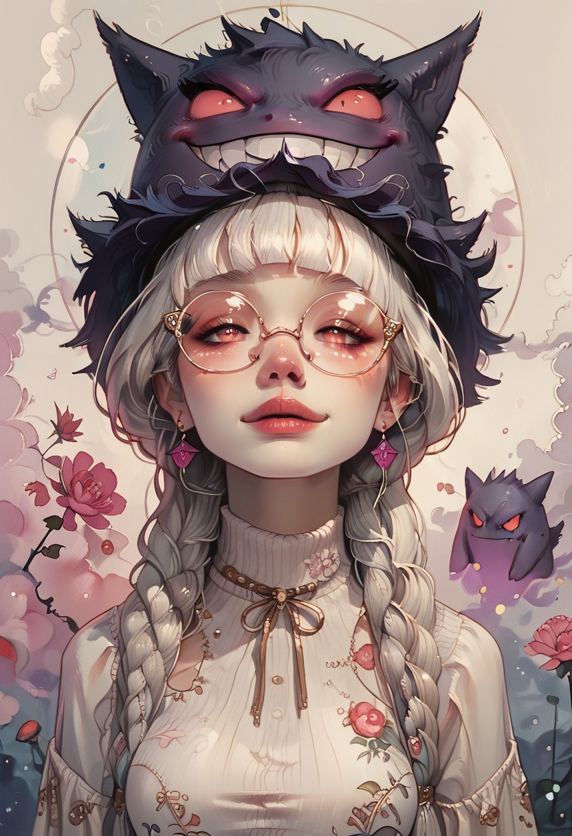 score_9, score_8_up, score_7_up, score_6_up, pastel, watercolor, floral, ArsMJStyle, Art Nouveau, Fl0ralD0lls,
White hair, blunt bangs, long braids,
cute, female, 1girl, pokemon girl, holding PokeBall,
in a flowery meadow, gengar, gengar girl, purple smoke,
large breasts, white knitted cropped sweater, 
Smiling, round glasses,