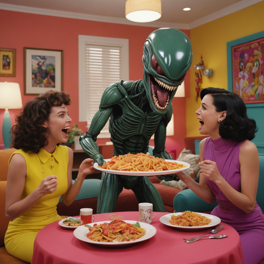 a highly color saturated vibrant screenshot of an episode of a sitcom starring a silly goofy xenomorph laughing in a colorful living room while a man and woman are carrying a plate of food