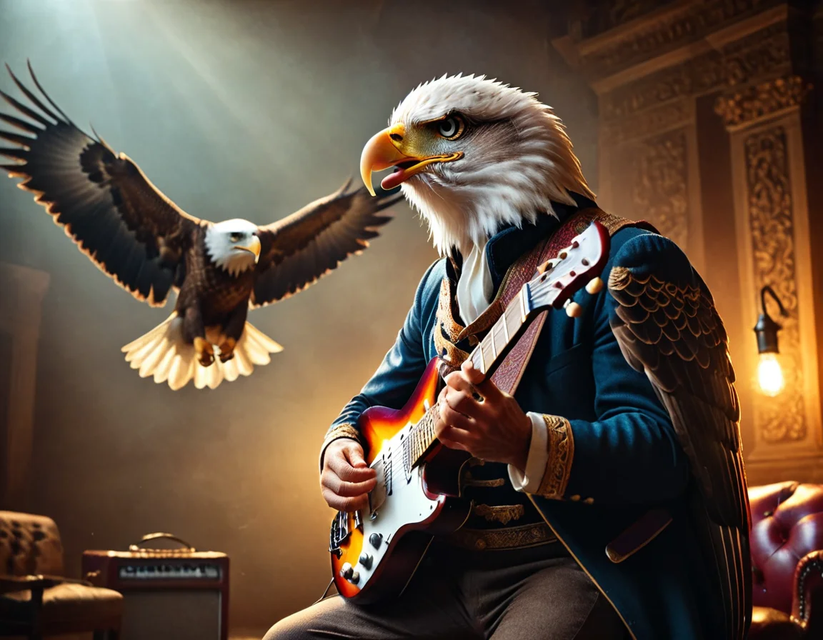 cinematic still musicianlora, eagle playing guitar . emotional, harmonious, vignette, 4k epic detailed, shot on kodak, 35mm photo, sharp focus, high budget, cinemascope, moody, epic, gorgeous, film grain, grainy, musicianlora, eagle playing guitar, intricate, elegant, highly detailed, wonderful quality, sharp focus, beautiful full, aesthetic, very inspirational, delicate, colorful, endowed, epic composition, dramatic light, professional, winning, open, handsome, creative, fabulous, attractive, illuminated, deep background, amazing, thought, elite, best, magnificent, breathtaking, fine
