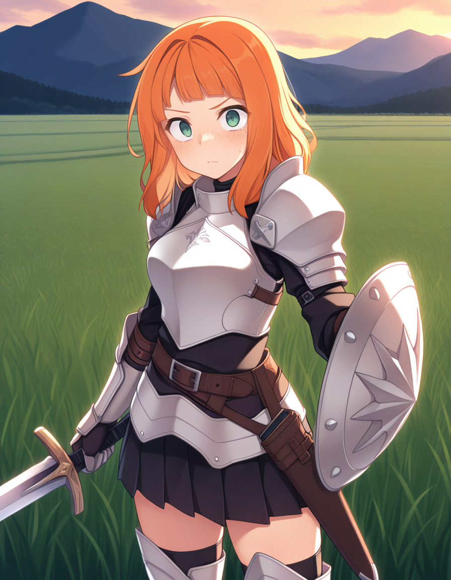 (r4c3r), <lora:1_illu_racer_v2_20e:1>,, 1girl, armor, sword and shield, skirt, freckles, orange hair, medium hair, green eyes, field, mountains, (masterpiece, best quality, amazing quality),