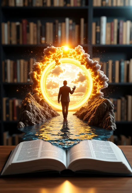 On top of a wooden table in a library full of books on shelves. The book's pages are open, fantastical scene. The central subject is an open book, mixed-media piece that merges a yellow-orange glowing swirling portal to another dimension with an open book. A darkened silhouette pokes through the portal, the silhouette is facing the viewer from the other side of the portal and beckoning to come to them. Surreal image featuring an open book with a fantastical scene.