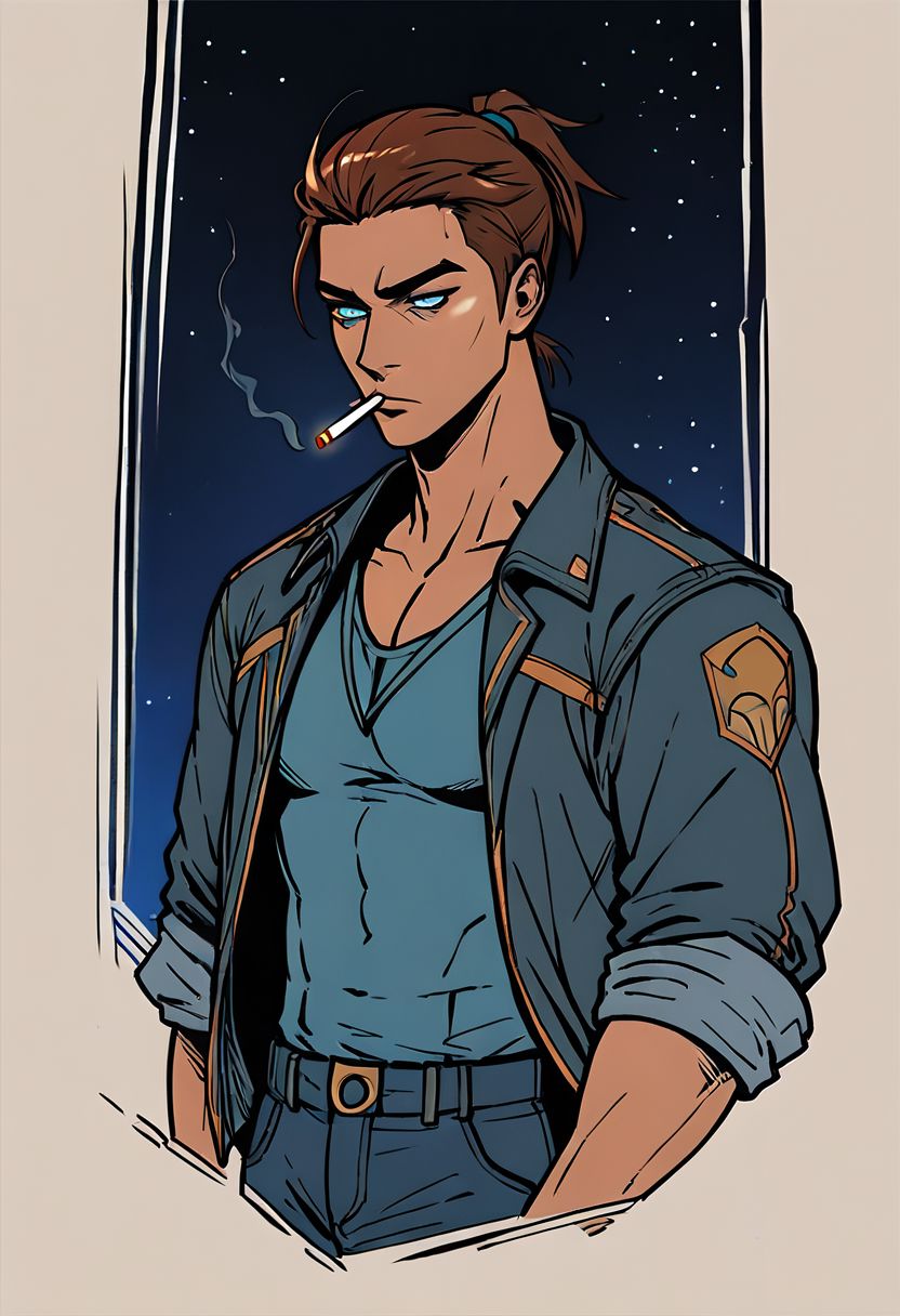 score_9, score_8_up, score_7_up, score_6_up, score_5_up, score_4_up, source_anime, (1 man), shen, shen from league of legends, muscular, short ponytail, brown hair, blue eyes, coat, jeans, smokes looking out the window, looking out the window, holding a cigarette, starry sky, loneliness, silence, empty look, lineart