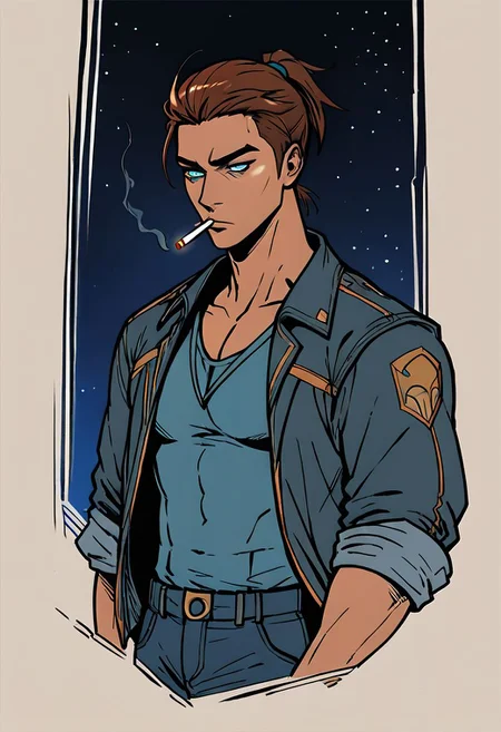 score_9, score_8_up, score_7_up, score_6_up, score_5_up, score_4_up, source_anime, (1 man), shen, shen from league of legends, muscular, short ponytail, brown hair, blue eyes, coat, jeans, smokes looking out the window, looking out the window, holding a cigarette, starry sky, loneliness, silence, empty look, lineart
