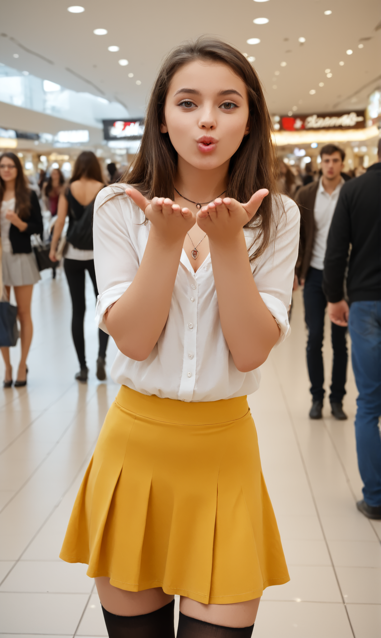 blaiki, wionha, (slim 25 years old girl) in yellow skirt and white blouse is blowing an air kiss with one hand, standing in a crowded mall. black (holdup stockings), necklace,  long brunette hair  
  <lora:AirKiss:1>