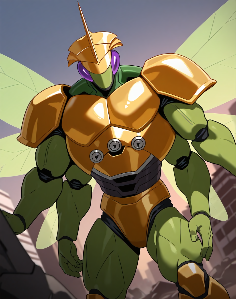 <lora:Ultimate_Katris_(Shinzo)_(Illustrious)_(AD):1.35> Ultimate Katris, muscular, mantis, Shinzo, 
((
exterior, bent leg, anime post apocalyptic city, destroyed buildings, destroyed skyscrapers, buildings laying at an angle or on the side, dutch angle, cowboy shot, 
dynamic action, insect anthro, male focus, strong warrior, manly, bounty hunter, villain, glossy gold armor, manly, masculine, perfect proportions, green body, glowing transparent wings, gold helmet, 4arms, protruding pecs, 
)), 
BREAK: very awe, aesthetically pleasing, masterpiece, best quality, amazing quality, very aesthetic, perfect depth of field shot, gradient coloring, subsurface reflections, 8K CGI render, 
masterpiece, best quality, amazing quality, very aesthetic, high resolution, ultra-detailed, absurdres, newest, scenery, {Prompt}, BREAK, detailed background, volumetric lighting,
BREAK: lazympos, lazypos (3),