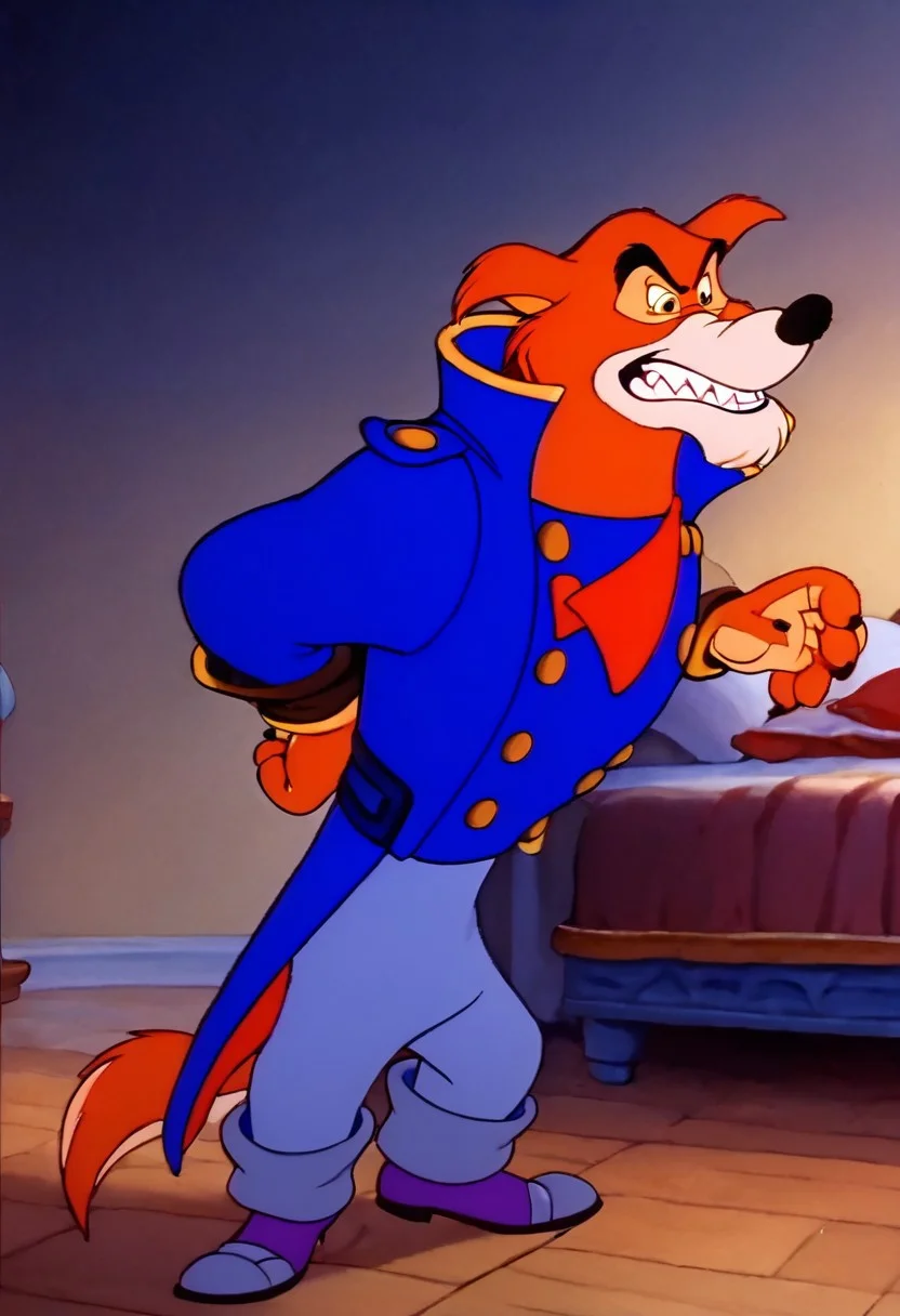 score 9, score 8, score 7, insidious grin, fangs, red wolf, anthro, fluffy, man, full body, blue captain's suit, trousers, boots, tail, sense of confidence, retro style, traditional media, spectacular lighting<lora:Don_Karnage_Talespin_PonyXL:1> <lora:Disney_Renaissance:1>BREAK, bed, front view heeled sandals, hips, jeans heeled sandals, in focus, open toe, close-up view, 2