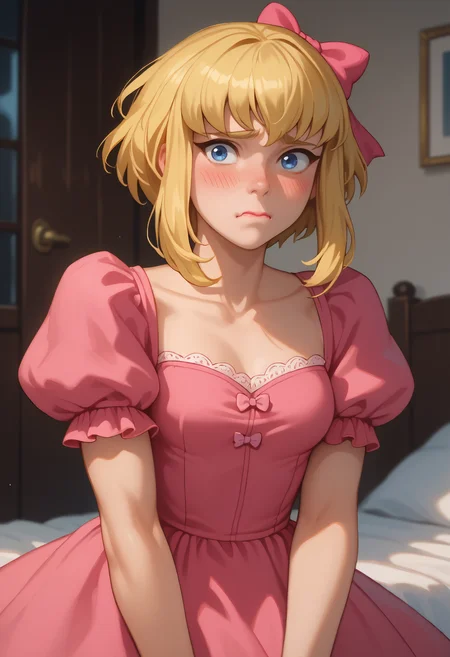 score_9, score_8_up, score_7_up, 1girl, solo, karazoreldef, blue eyes, short hair, blonde hair, medium breasts, toned,
pink dress, puffy sleeves, hair bow, pink bow, lipstick,
looking at the viewer, wavy mouth, blush,
indoors, hall,
<lora:Kara-Zor-ElPDXL_V1-Manityro-CAME:1.0>