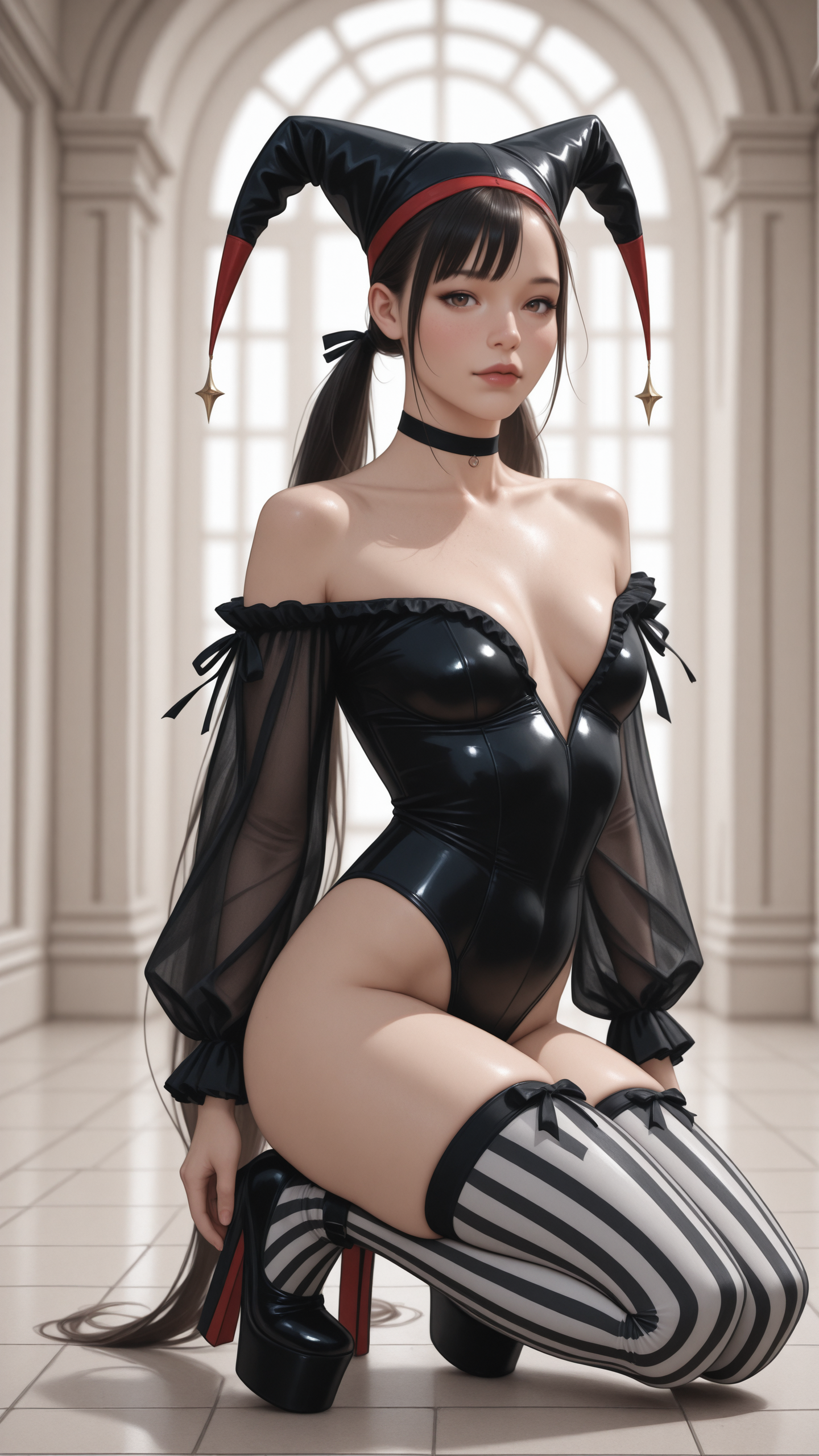 realistic, 1girl,female,long hair,black hair,long hair,bangs,asymmetrical bangs,low ponytails, very long hair,extreme long hair,brown eyes,blush,blush lips,red lips,full body,looking at viewer,
hrly, outfit, off the shoulder, leotard, long sleeves, choker, striped thigh highs, platform shoes, hat,
kneeling,tiled floor,stylish,fashionable,elegant,beauty,soft gaze,abstract background,geometric pattern,masterpiece, best quality, high resolution, very aesthetic, absurdres, newest, professional, high-quality, hyper-realistic, portrait of a woman, looking at viewer, detailed eyes, realistic body <lora:hrly-000001:1>
