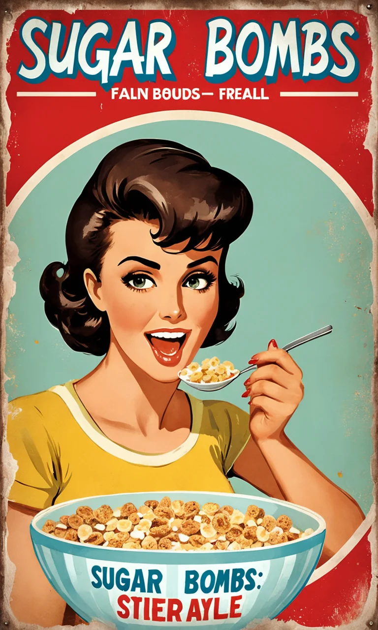 poster of a woman eating cereal, text "Sugar Bombs", falloutpostsdxl,<lora:falloutpostsdxl:0.8>, 1960s \(style\), distressed poster