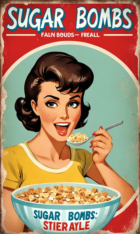 poster of a woman eating cereal, text "Sugar Bombs", falloutpostsdxl,<lora:falloutpostsdxl:0.8>, 1960s \(style\), distressed poster