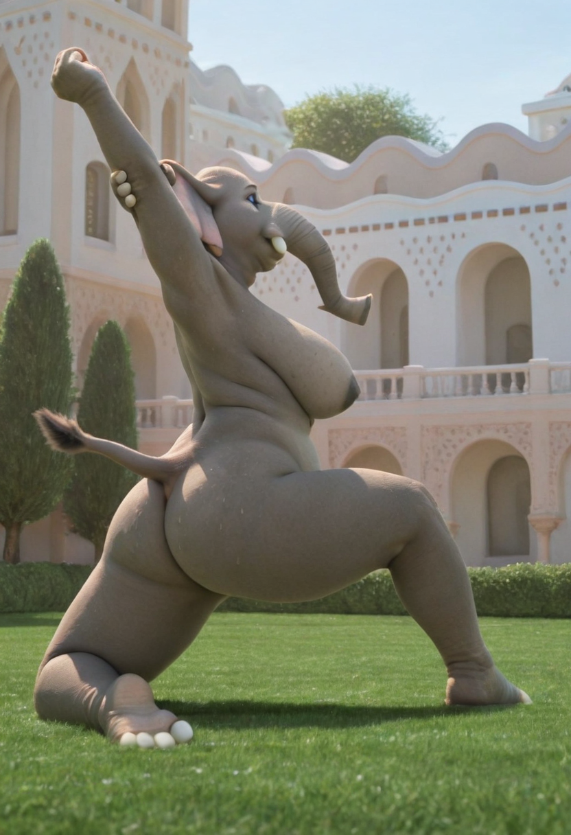 masterpiece, best quality, amazing quality, ((clothed)),
solo, furry,
(nangi:1.4), (female anthro elephant:1.2), blue eyes, elephant trunk, elephant tail, elephant feet, short tusks, pink ears,
gorgeous, curvaceous,
stretching, 
nude, on grass, building in the background, doing yoga, sweating, sweaty skin, huge sagging breasts,  
 <lora:Furry_Lora_Nangi_Zootopia:0.8>