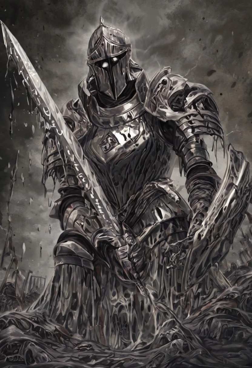 highest details, ultra hyper realism. highly detailed and realistic. intricate and highly professional artwork, an absolute masterpiece.
Imagine an image of a colossal, battle-scarred knight standing menacingly close, his towering frame wrapped in dark, ornate steel armor etched with cursed runes and caked in centuries-old grime and coagulated blood. Every dent and scar on his armor tells of unspeakable carnage. His massive longsword, jagged and blackened, drips with fresh gore, while his left arm clutches the remains of a shattered shield bearing a long-faded sigil, twisted and unrecognizable. From beneath the cracked visor of his helmet, his eyes glow faintly—icy, unnatural—locked in a dead stare that drains warmth from the air.
The battlefield around him is soaked in blackened mud and strewn with twisted corpses and shattered bones. The rotting banners of fallen houses hang limp in the still air. A dying sun fails to break through the ashen fog, casting only a sickly, pale light that clings to the landscape like a fever. In the distance, a ruined castle burns low, its towers sagging like broken teeth under a smoky sky. The knight’s presence is overwhelming—he is the storm that ended this war, an omen in steel. The image is hyper-realistic, with heavy chiaroscuro and muted tones emphasizing dread, ruin, and the quiet terror of finality.
