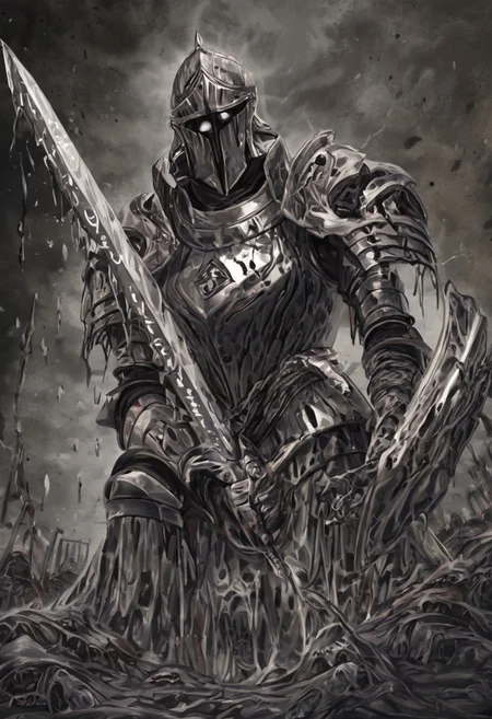 highest details, ultra hyper realism. highly detailed and realistic. intricate and highly professional artwork, an absolute masterpiece.
Imagine an image of a colossal, battle-scarred knight standing menacingly close, his towering frame wrapped in dark, ornate steel armor etched with cursed runes and caked in centuries-old grime and coagulated blood. Every dent and scar on his armor tells of unspeakable carnage. His massive longsword, jagged and blackened, drips with fresh gore, while his left arm clutches the remains of a shattered shield bearing a long-faded sigil, twisted and unrecognizable. From beneath the cracked visor of his helmet, his eyes glow faintly—icy, unnatural—locked in a dead stare that drains warmth from the air.
The battlefield around him is soaked in blackened mud and strewn with twisted corpses and shattered bones. The rotting banners of fallen houses hang limp in the still air. A dying sun fails to break through the ashen fog, casting only a sickly, pale light that clings to the landscape like a fever. In the distance, a ruined castle burns low, its towers sagging like broken teeth under a smoky sky. The knight’s presence is overwhelming—he is the storm that ended this war, an omen in steel. The image is hyper-realistic, with heavy chiaroscuro and muted tones emphasizing dread, ruin, and the quiet terror of finality.