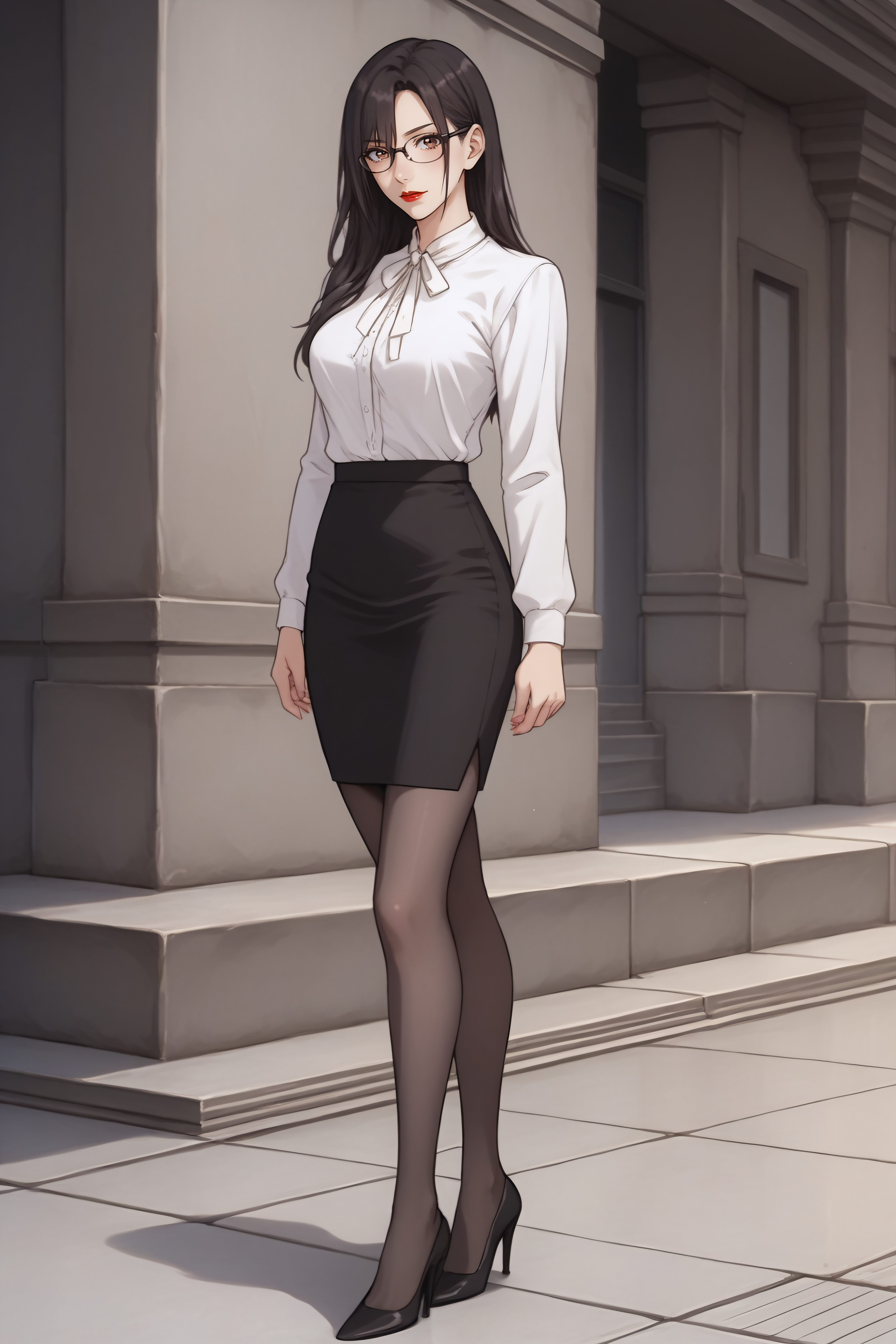 score_9, score_8_up, score_7_up, BREAK source_anime, <lora:Mayuri Hanyuu-PonyXL-lora-Faxtron:0.8> mayuri hanyuu, brown eyes, black hair, long hair, medium breasts, red lips, glasses, white shirt, white neck ribbon, pencil skirt, black pantyhose, high heels, standing,