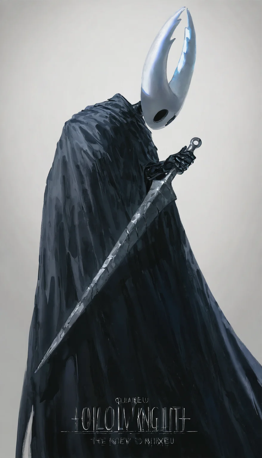 masterpiece,best quality,artist:john_kafka,artist:nixeu,artist:quasarcake, ,gritty,
knight \(hollow knight\),hollow knight,
1other, black cape, cape, copyright name, grey background, holding, holding sword, holding weapon, hollow eyes, horns, other focus, simple background, solo, sword, weapon