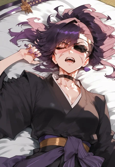 safe_pos, score_9, score_8_up, score_7_up, 1girl, saito_furoufushi, eyepatch, breasts, scar, teeth, sharp teeth, open mouth, sarashi, lying, japanese clothes, on back, closed eyes, purple hair, solo, weapon, choker, sword, scar on face, nails, small breasts, ponytail, kimono, blush, black choker, bottle, scar across eye, cup, katana, long hair, fingernails, expressive eyes, masterpiece, best quality, very aesthetic, absurdres, safe