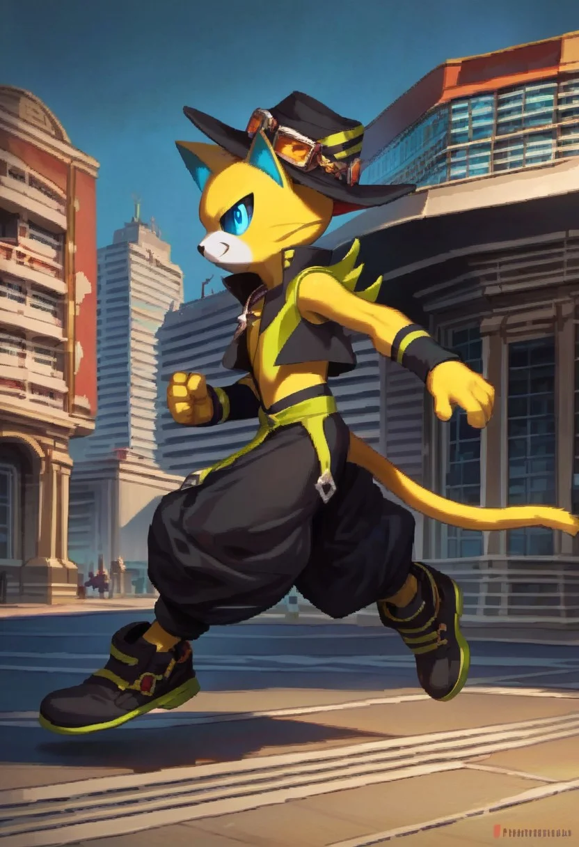 score_9, score_8, masterpiece, high quality, 1boy, solo, wild boy, yellow body, blue eyes, cat, cowboy hat, goggles, baggy pants, wrist sweatbands, running, side view, :3, city, pixelart,pixel