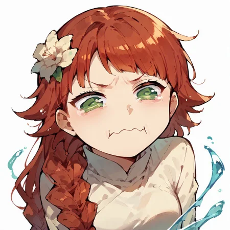 score_9,score_8_up,score_7_up,score_6_up,score_5_up,score_4_up, white background, solo, 1girl, aquacrying, wavy mouth, closed mouth, tearing up, braid, twin braids, red hair, bangs, long hair, hair ornament, flower, hair flower, green eyes, white shirt, water splash, flying ribbons, face focus,