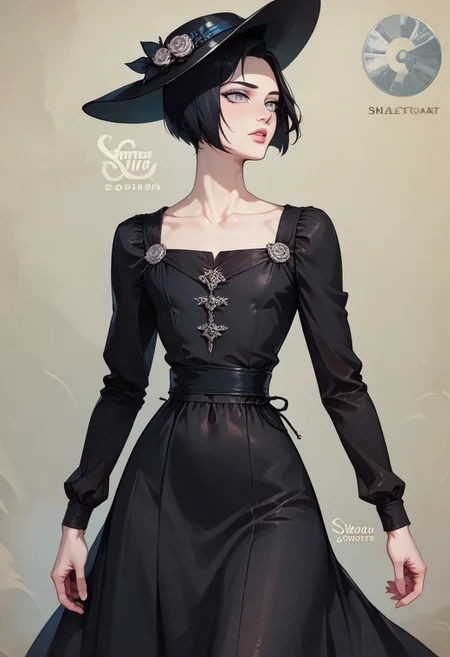 score_9, score_8_up, score_7_up, 1boy, femboy, otoko no ko, short hair, bob cut hair, black hair, grey eyes, gray eyes, feminine face, toned body, Shelly, 1930s fashion style, vintage, black dress, long dress, long sleeves, black headwear, collarbone, highly detailed, intricate, zzCitronCAT, pose, modelshoot