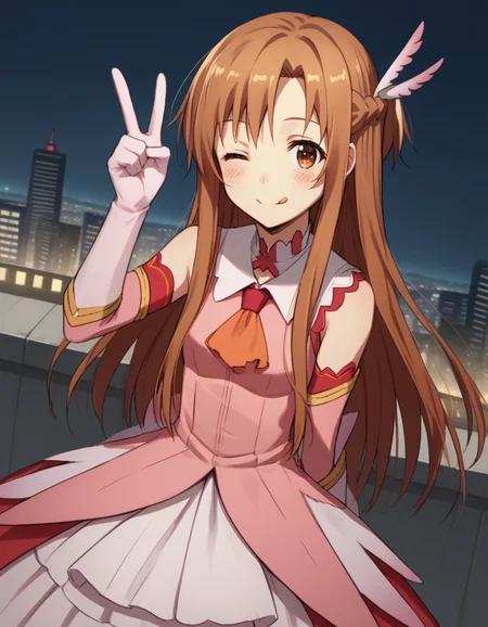 score_9, score_8_up, score_7_up, source_anime, asunayuuki, <lora:asuna-yuuki-s1-ponyxl-lora-nochekaiser:1>, asuna yuuki, long hair, brown hair, brown eyes,, <lora:prisma-illya-cosplay-ponyxl-lora-nochekaiser:1>, prismaillyacosplay, prisma illya \(cosplay\), dress, elbow gloves, feather hair ornament, feathers, frilled dress, frills, gloves, hair ornament, layered gloves, magical girl, orange ascot, pink dress, pink feathers, pink gloves, pink sleeves, white gloves,, cityscape, street, smile, blush, v, v over eye, one eye closed, tongue out,, cowboy shot, dutch angle, solo,