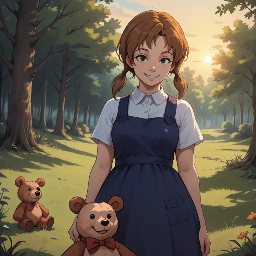 score_9, score_8, BREAK, brown hair, twintails, black eyes, white shirt, dark blue overall dress, brown shoes, Penny_(The_Rescuers), cute, teddy bear, adult female, mature female, breasts, sexy pose, self portrait, smile, outdoors, sunlight, shadows, evening lighting, natural lighting, forest, trees, grass, orange sky, sunset