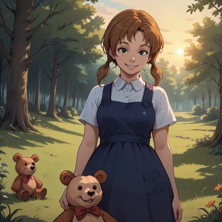 score_9, score_8, BREAK, brown hair, twintails, black eyes, white shirt, dark blue overall dress, brown shoes, Penny_(The_Rescuers), cute, teddy bear, adult female, mature female, breasts, sexy pose, self portrait, smile, outdoors, sunlight, shadows, evening lighting, natural lighting, forest, trees, grass, orange sky, sunset