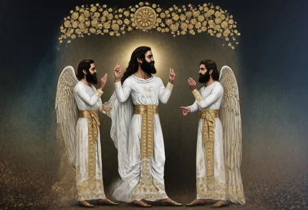 moon cycle arches above Cyrus the great in a long white dress meets with Zartosht, gold scrollwork, novuschroma style, daguerreotype photo