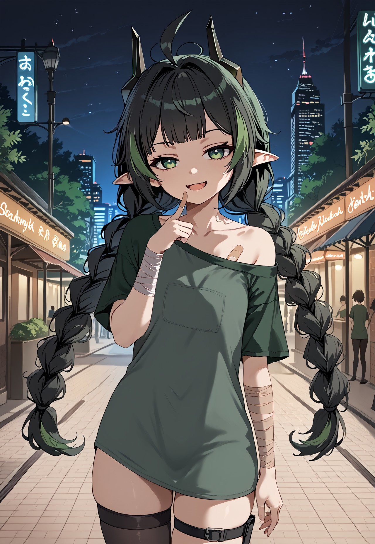 1girl, solo, solo focus, highres, absurdres, ElfinDef, black hair, pointy ears, multicolored hair, very long hair, bangs, green hair, horns, streaked hair, green eyes, ahoge, twin braids, 

grey shirt, off-shoulder shirt, bandaid, black thighhhighs, bandages, short sleeves, bandaid, thigh strap, collarbone, single bare shoulder, 

looking at viewer, from side, head tilt, hand up, finger to mouth, smug, open mouth, smirk, half-closed eyes, 
 
park, cityscape, neon lights, shade, night, night sky, dark, backlighting,