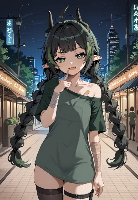 1girl, solo, solo focus, highres, absurdres, ElfinDef, black hair, pointy ears, multicolored hair, very long hair, bangs, green hair, horns, streaked hair, green eyes, ahoge, twin braids,
grey shirt, off-shoulder shirt, bandaid, black thighhhighs, bandages, short sleeves, bandaid, thigh strap, collarbone, single bare shoulder,
looking at viewer, from side, head tilt, hand up, finger to mouth, smug, open mouth, smirk, half-closed eyes,
park, cityscape, neon lights, shade, night, night sky, dark, backlighting,