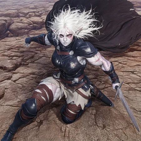 masterpiece, best quality, newest, absurdres, highres, DPWSV1.0, dynamic pose, holding sword, holding, holding weapon, weapon, sword, 1girl, pale, white skin, colored skin, pale skin, elf, pointy ears, muscular woman, armor, cape, leather armor, scar, scars on face, white hair, long hair, messy hair, black armor, black leather,