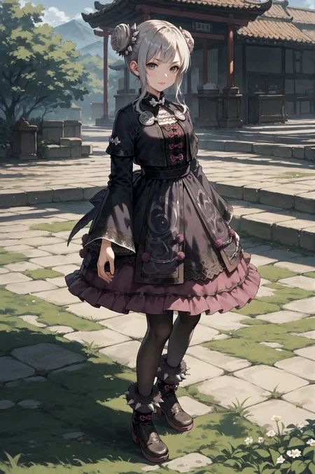 score_9, score_8_up, score_7_up, source_anime, <lora:Dong_Bai:0.8> 1girl, solo, hair bun, grey hair, grey eyes, dress, long sleeves, pantyhose, hair ornament, boots, looking at viewer