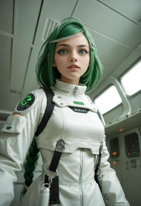 zPDXL2, (from below:0.9), (hip focus:0.9), depth of field, highly detailed,
medium shot, solo, sber-chan, green hair, streaked hair, green eyes, single braid, white bow, long hair, skin details,
looking at viewer, curious, (parted lips:0.8),
hairclip, bulky spacesuit, oxygen tanks, thick gloves, and heavy boots,
Nostromo-style spaceship interior with dim lighting, industrial metal walls, control panels, narrow corridors, exposed pipes, flickering screens, and a cold, eerie atmosphere,
<lora:add-detail-xl:1.5> <lora:Sber-chan:0.9>