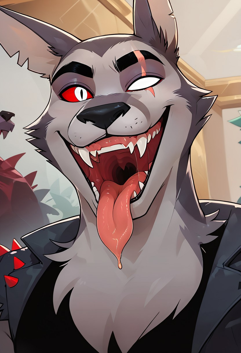 SCORE_9, SCORE_8_UP, SOURCE_ANIME, REALISTIC, BREAK, 1MALE, TEX, FACE FOCUS, CLOSE UP, FURRY, GREY FUR, (SCAR ACROSS EYE), (BLANK GLASS EYE), RIGHT EYE SILVER, RIGHT RED SCLERA, EAR SLITS, TANK TOP, SPIKED LEATHER VEST, BLACK VEST, ARM TATTOO, LAUGHING, MOUTH OPEN, FANGS, HANDS ON HEAD, HIGH RESOLUTION, VIVD TEXTURES, relaxed, looking at viewer, smile, smirk, grin, mouth shot, mawshot, open mouth, vore, imminent vore, oral invitation, saliva, tongue, throat, dutch angle