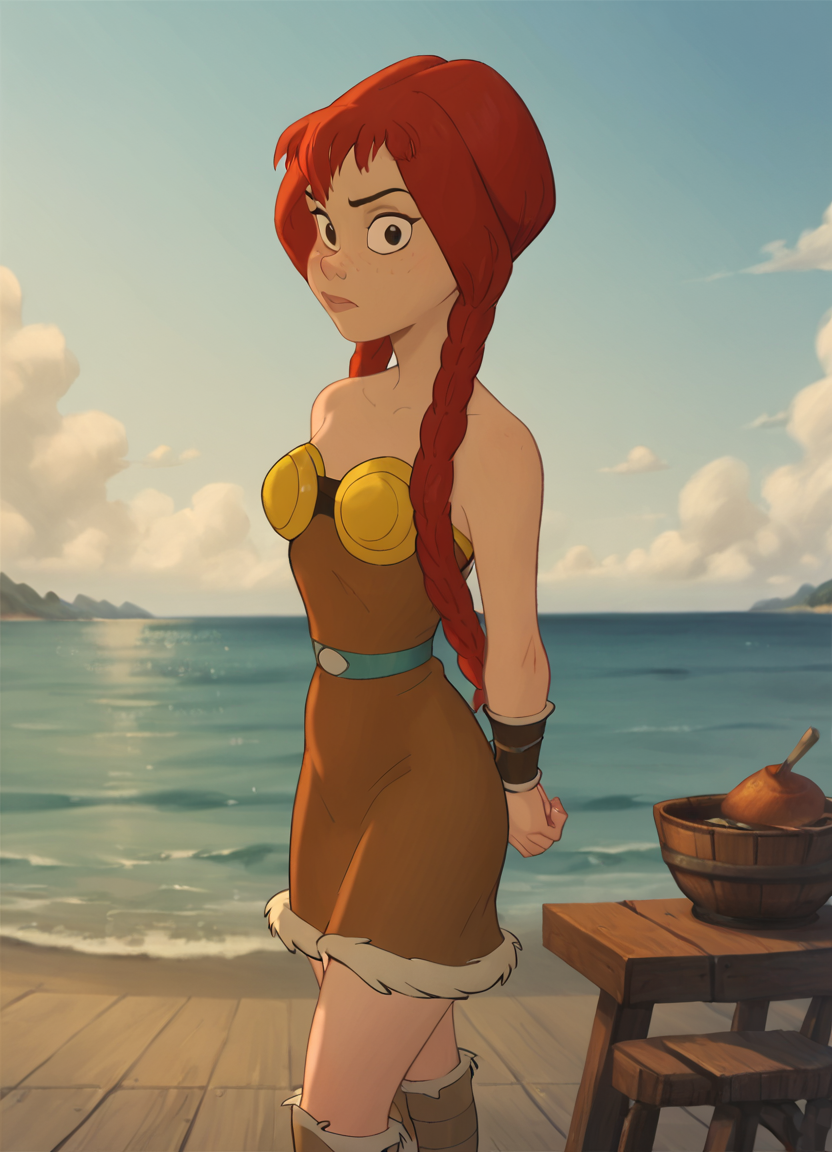 <lora:Abbapony:1> abba, 1girl, solo, breastplate, dress, strapless,boots,  upper body,ocean, score_9, score_8_up, score_7_up, score_6_up, score_5_up, score_4_up, looking at viewer,arms behind back, boots,