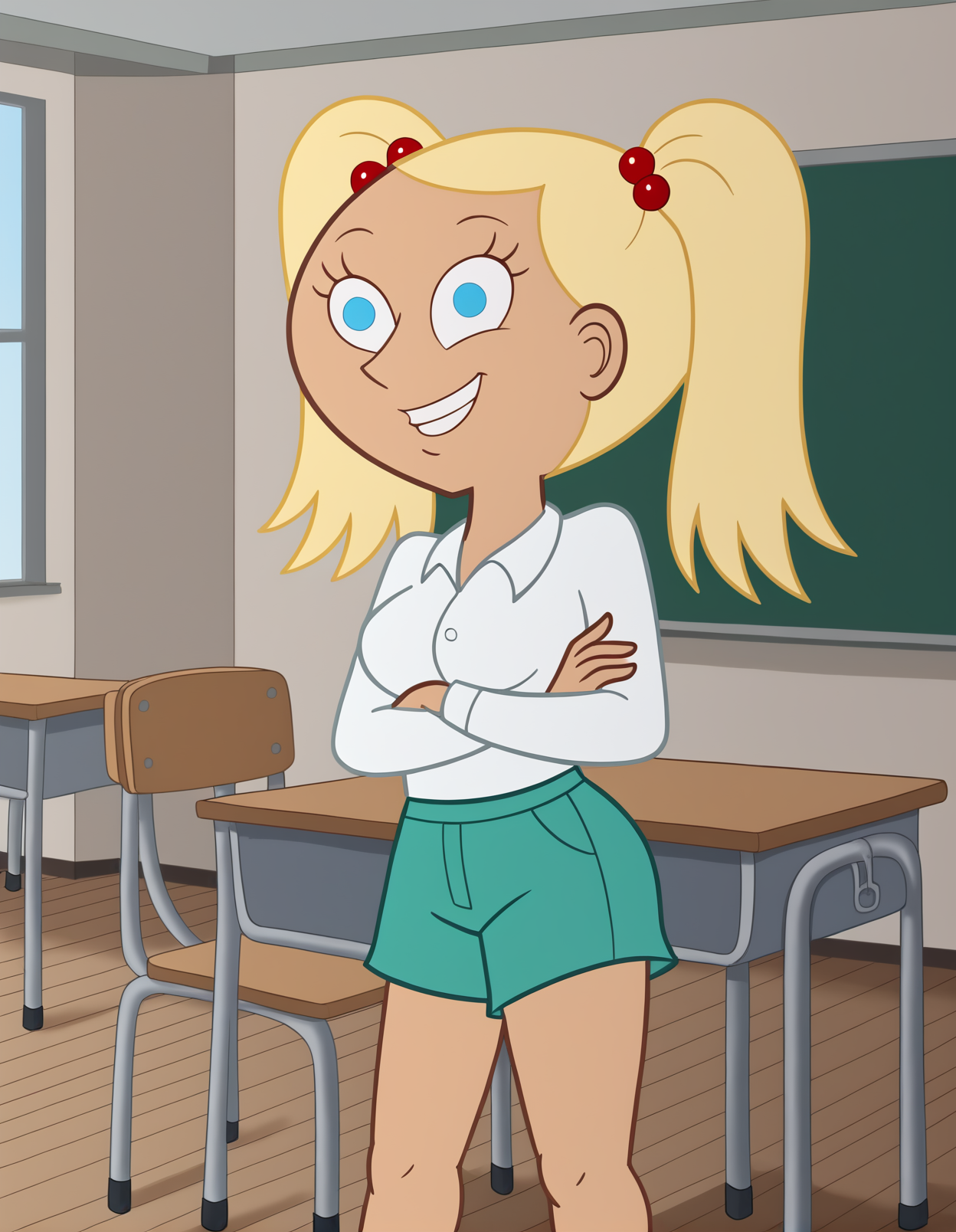source_cartoon, rating_safe, flat color, BREAK <lora:miracleXL_LoRA-C3Lier_AdamW_Dim8_Alpha8_UN-3e-4_TE-1.5e-4_6batch_ponyDiffusionV6XL_v6StartWithThisOne:1>, miracle grohe, 1girl, hair bobbles, blonde hair, twintails, blue eyes, blank eyes, dark-skinned female, medium breasts, white shirt, green shorts, grin, crossed arms, standing, school, classroom