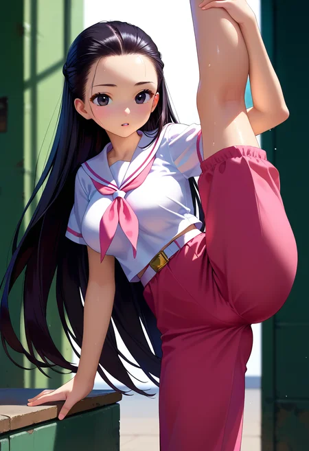 score_9, score_8_up, score_7_up, score_6_up, score_5_up, source_anime,
1girl, solo,
<lora:super_oume_otane:1>, black eyes, hair slicked back, very long hair, black hair, white serafuku, school uniform, pink neckerchief, pink pants, white belt, sailor collar, short sleeves, sandals:0.5
long pants,
shiny skin, sweat, big breasts, (standing on one leg, leg_lift, folded, on leg up:1.5),