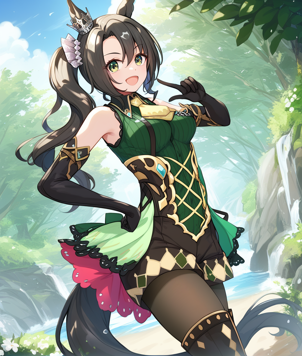 score_9, score_8_up, score_7_up BREAK
outdoors, 
shobukufu_upperbody, 1girl, solo, long hair, breasts, looking at viewer, smile, open mouth, bangs, skirt, shirt, thighhighs, gloves, hair between eyes, bare shoulders, medium breasts, tail, :d, pantyhose, cowboy shot, boots, necktie, shorts, sleeveless, black gloves, elbow gloves, side ponytail, hand on hip, ascot, sleeveless shirt, thigh boots, horse ears, horse girl, index finger raised, horse tail, green shirt, ear ornament, 
five fingers, <lora:satono_crown-ponyXL-000004:1>,