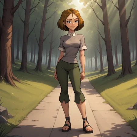 score_9, score_8, BREAK, solo, brown hair, black eyes, lips, collared shirt, grey sweater, short sleeves, green pants, dark skin, sandals, freckles, breasts, Total Drama, Courtney_(Total_Drama), sexy pose, smile, outdoors, sunlight, shadows, evening lighting, natural lighting, forest, trees, grass, orange sky, sunset