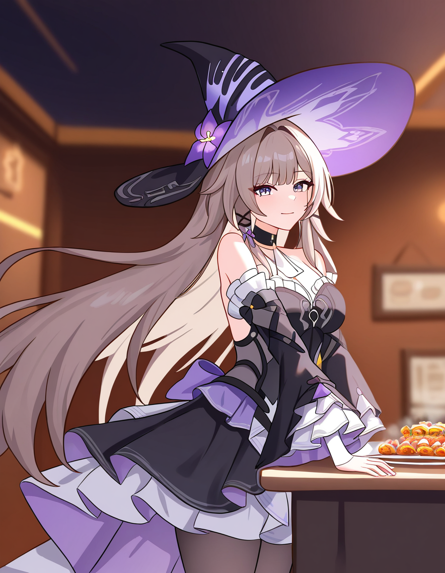 masterpiece, best quality, newest, absurdres, highres, safe,, <lora:the-herta-illustriousxl-lora-nochekaiser:1>, the herta, the herta (honkai: star rail), brown hair, long hair, purple eyes, medium breasts,, bare shoulders, black dress, black hat, detached sleeves, hat, hat flower, hat ornament, long sleeves, pantyhose, witch hat, restaurant, tables, food, waiters, guests, , v, looking at viewer, solo,, cowboy shot, solo