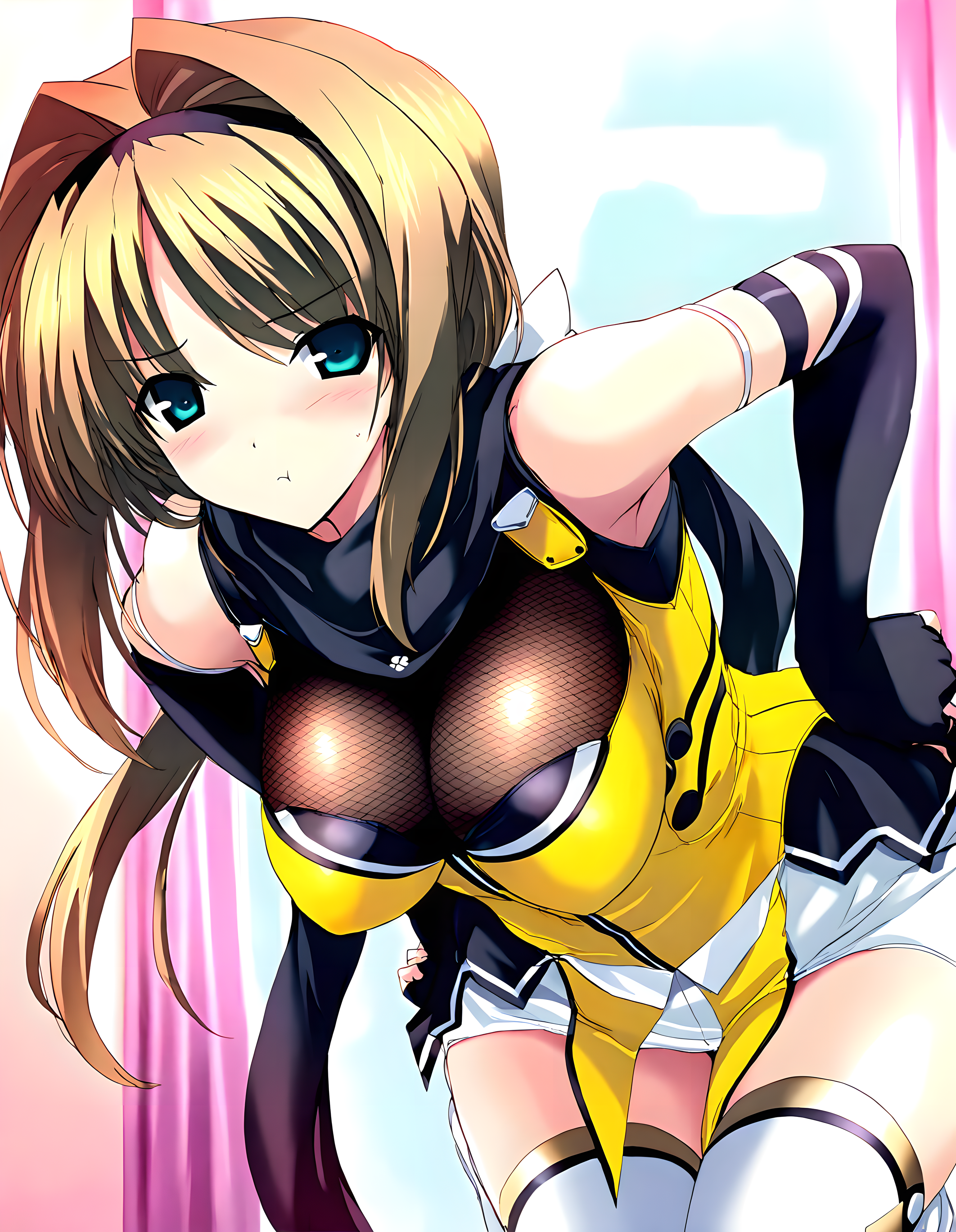 <lora:illustrious_XL_takamori:0.8>,takamori,masterpiece,best quality,good quality,1girl,solo,scarf,yellow clothes,mesh shirt,elbow gloves,fingerless gloves,white thighhighs,white footwear,indoor,pout,light_blush,standing,leaning_forward,hands_on_hips,cowboy_shot,looking_at_viewer,