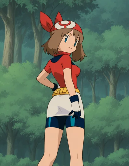 official style,may (pokemon), pokemon (anime), 2000s,brown hair, blue eyes, red bandana, red shirt, short sleeves, gloves, white pouch, white skirt, short skirt, pencil skirt, bike shorts,(((solo))),holding poke ball,(standing:1.5),(hand on own hip:1.5),
explicit,(anime screencap), 2d cel anime,anime cap,anime,anime style,anime cel,cell shadedsoft brightness,perfect face,perfect nose, perfect hair, perfect eyes,perfect female body,perfect skin,a face of perfect proportion,perfect lighting,perfect anatomy,perfect proportion,perfect hands,perfect legs,perfect fingers,masterpiece,hair between eyes,
breasts,
perky breasts,best quality,very aesthetic,absurdres,16k,intricate detail,amazing quality,(bold:3.12),thick outline,black outline,harsh lines,soft lines,deluster,boldline,curvy,(anime coloring:1.2), smile,slim,forest,day,
looking at viewer,
(from behind:2.4),
super fine illustration,detailed linework,vibrant colors,kawaii,flat color,outdoors, <lora:ãã±ããã¢ã³ã¹ã¿ã¼ãã«ã«åå ´çã¢ãã¡ä½ç»é¢¨illustriousV1.1PokemonMayMOVIE_ANIME_StyleillustriousV.1.1:1:0.8>
