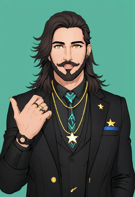 Duskfallcrew Art Style, solo, long hair, looking at viewer, smile, simple background, shirt, black hair, 1boy, brown eyes, jewelry, jacket, yellow eyes, upper body, male focus, necktie, hand up, necklace, star (symbol), vest, black jacket, facial hair, ring, beard, green background, cropped torso, mustache, cyberpunk, soft lighting, best illustration, cinematic angle, cinematic lighting, masterpiece, official art,